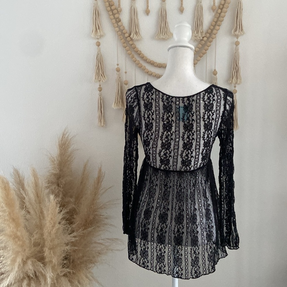 Nordstrom black lace babydoll top long sleeve sheer boho festival crochet medium - Picture 8 of 15